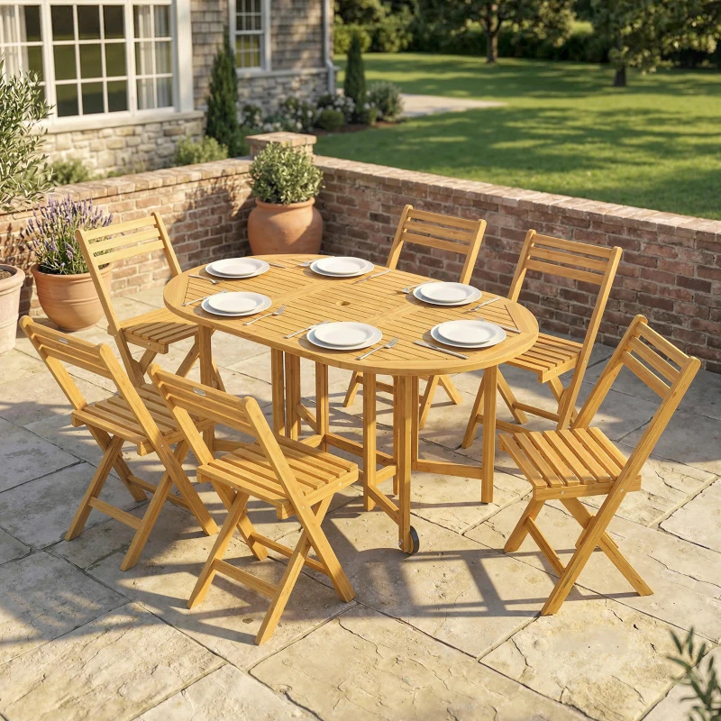 Outsunny Set Pranzo 7 Pezzi, Tavolo Estensibile Legno e 6 Sedie Pieghevoli per Giardino