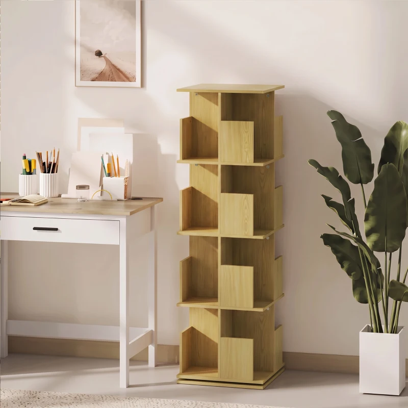 HOMCOM Bibliotecă rotativă cu 4 niveluri, etajeră de depozitare cu 16 compartimente, 39 x 39 x 128,3 cm, stejar