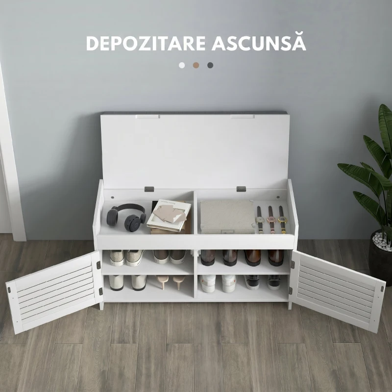 HOMCOM Bancă pentru pantofi cu raft interior reglabil pe 3 niveluri, din MDF și material textil cu aspect de in, 90x36x50 cm, alb și gri