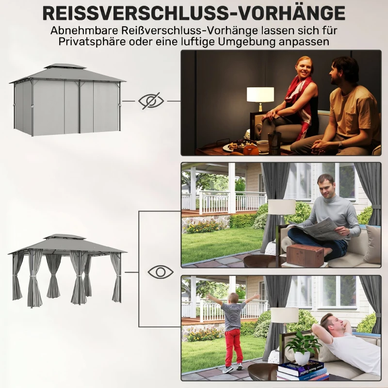 Outsunny Pavillon 3x4m Gartenpavillon mit 6 Seitenteilen Partyzelt Gartenzelt Festzelt mit Doppeldach Dunkelgrau