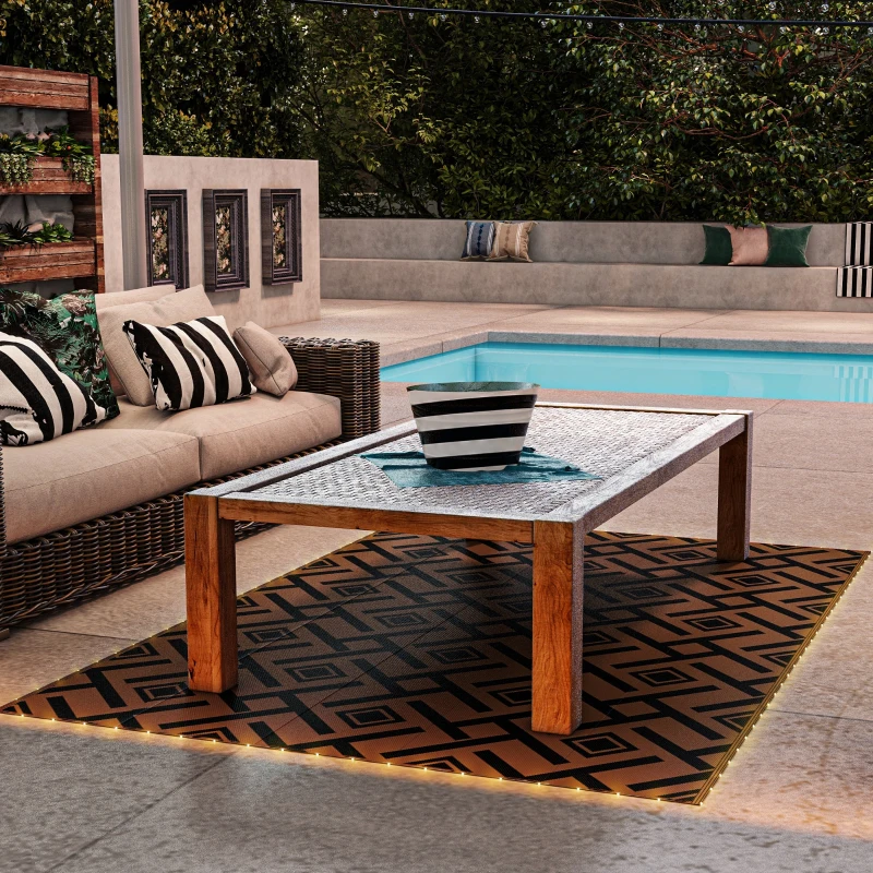 Outsunny Plastic Straw Reversible RV Outdoor Rug with LED String Light, 182 x 274cm, Brown and Black