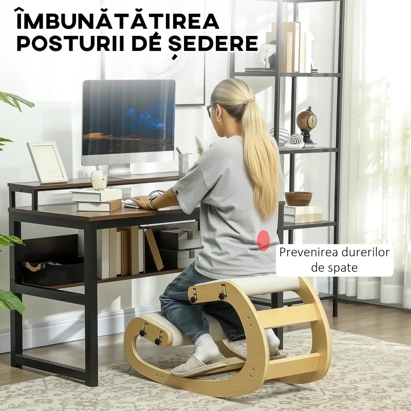 HOMCOM Scaun ergonomic reglabil în 6 poziții, din material textil cu efect de in și lemn de mesteacăn, 55x85x55 cm, crem