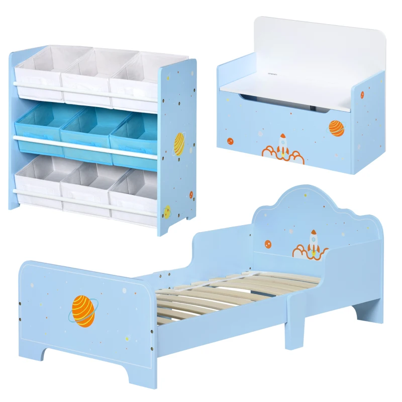 ZONEKIZ 3PCs Kids Bedroom Furniture Set with Bed, Toy Box Bench, Storage Unit with Baskets, Space Themed, for 3-6 Years Old, Blue
