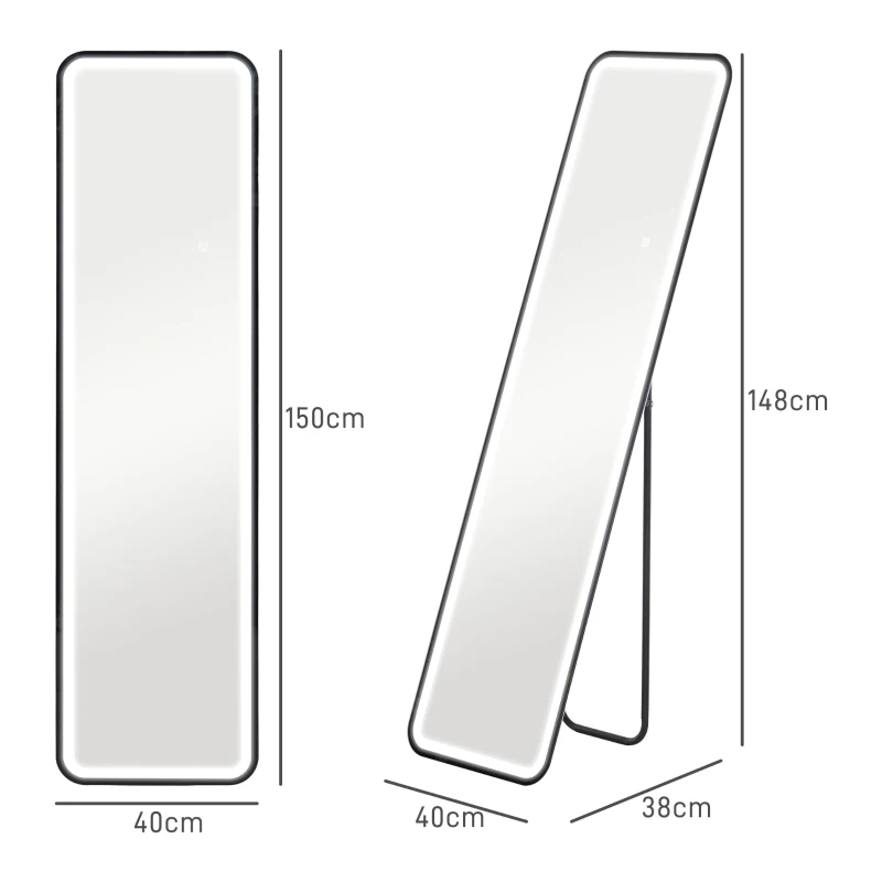 HOMCOM Espejo de Cuerpo Entero con Luz LED 150x40 cm con Iluminación de 3 Colores Función de Memoria y Táctil Inteligente Negro