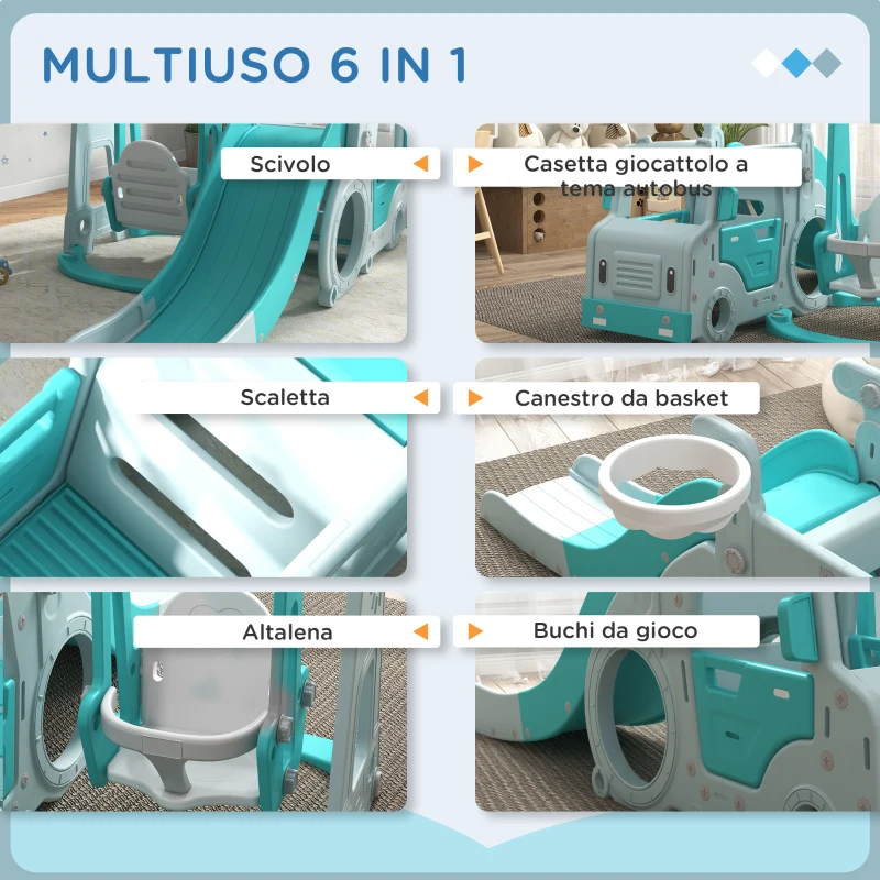 AIYAPLAY Set Scivolo per Bambini 18-48 Mesi con Altalena, Macchinina e Canestro, 201x151x87.5cm, Azzurro