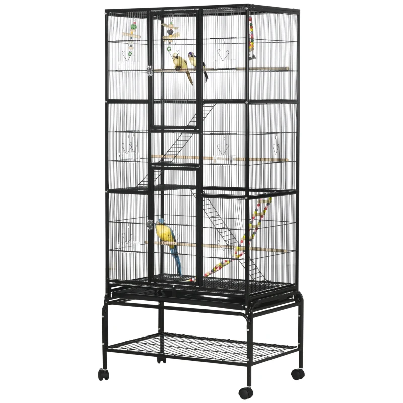 PawHut Jaula para Pájaros con Ruedas 83x53x180 cm Pajarera Metálica de 3 Niveles con 3 Perchas Comederos Juguetes Rampas Negro