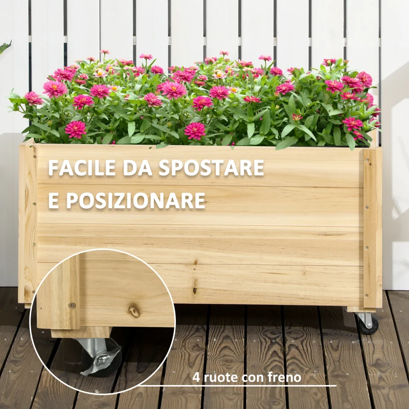 Outsunny Fioriera da Giardino con Foro di Drenaggio e Rotelle, in Legno di Abete, 89x48x47 cm