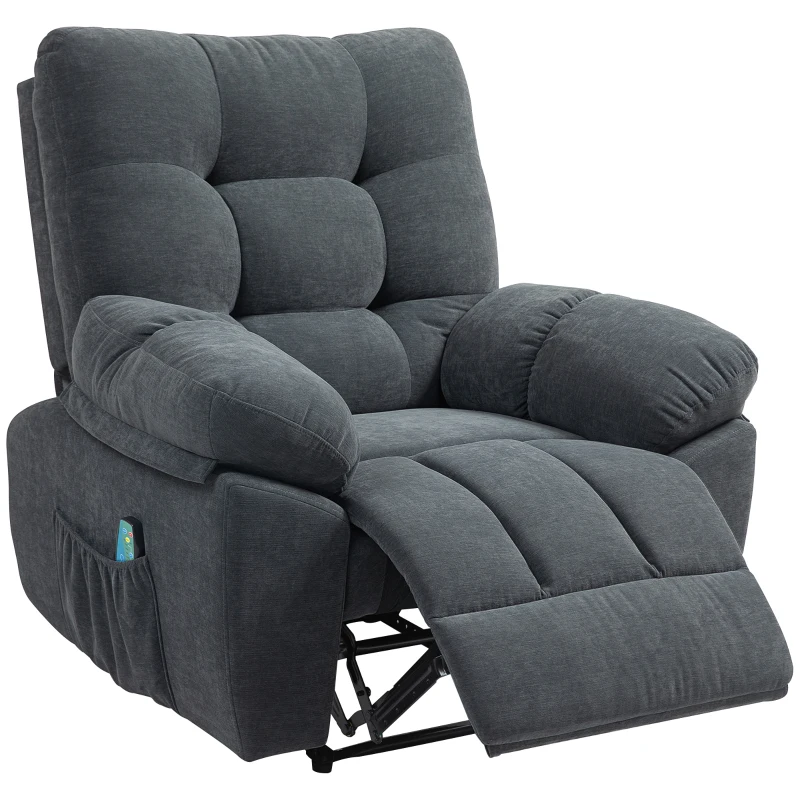 HOMCOM Recliner-Sessel, Massage-Polstersessel mit 8 Vibrationspunkten, verstellbare Fußstütze, Seitentasche, Lehnsessel, Grau(m-11)