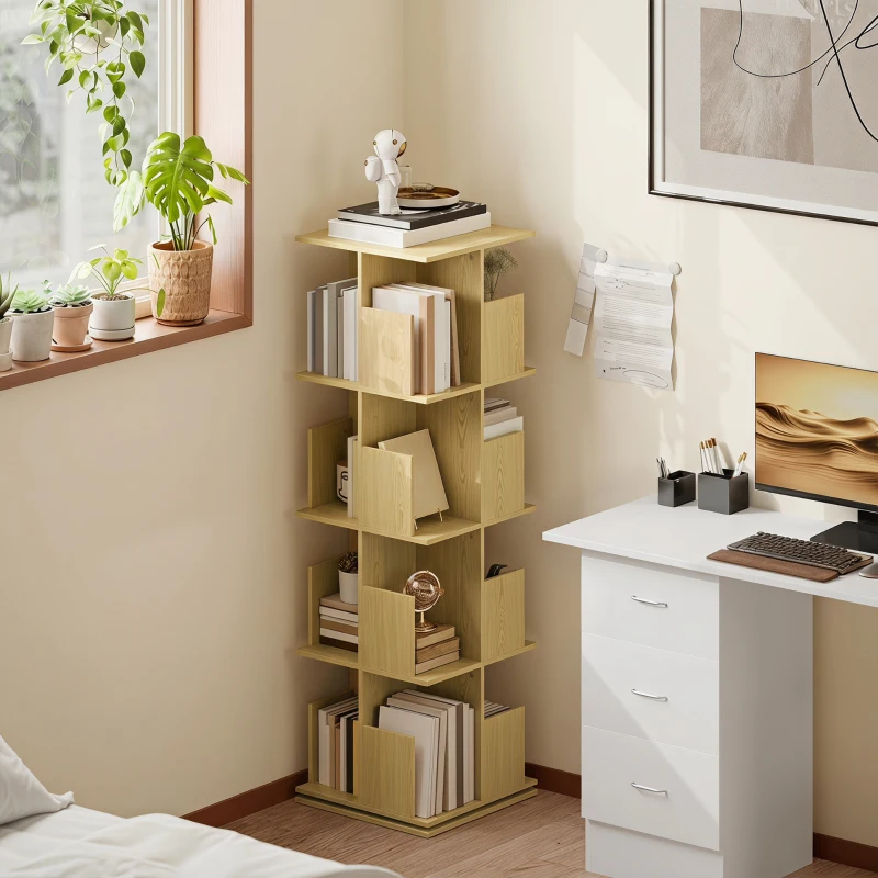 HOMCOM Bibliotecă rotativă cu 4 niveluri, etajeră de depozitare cu 16 compartimente, 39 x 39 x 128,3 cm, stejar