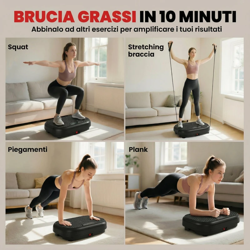 SPORTNOW Pedana Vibrante con 120 Livelli di Velocità, 5 Programmi e Display LED, Silenziosa, con Fasce di Resistenza