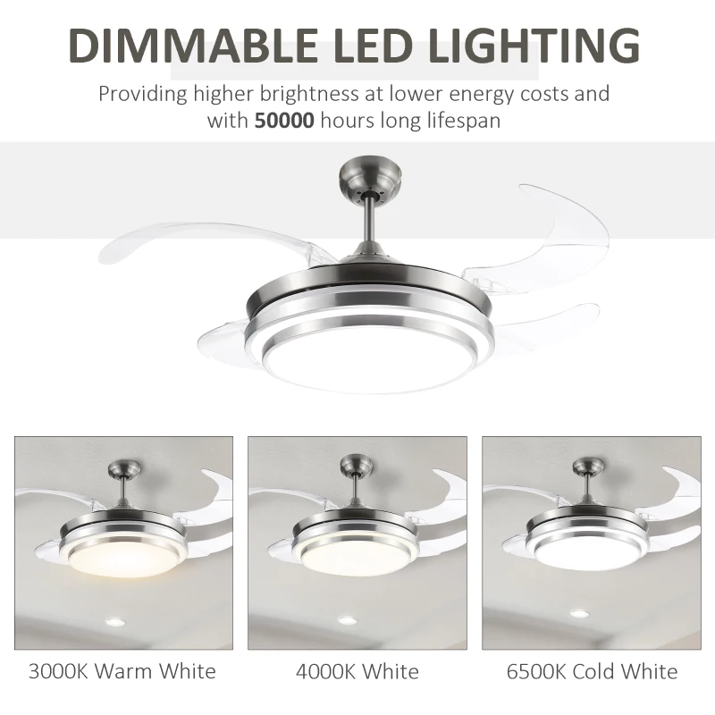 HOMCOM Indoor Ceiling Fan with Light, Retractable Blades, Modern Mount Dimmable LED Lighting Fan with Remote Controller, for Bedroom, Living Room
