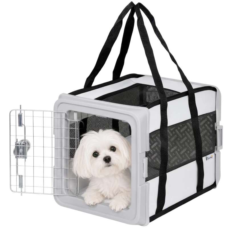 PawHut Transportador Macio para Cães Mini e Gatos Dobrável com Base Rígida Janelas em Rede 49,5x34x35,5 cm Cinza