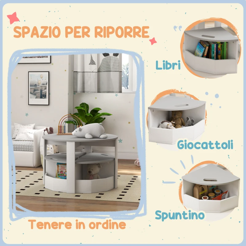 AIYAPLAY Set con Tavolo per Bambini e 4 Sgabelli Salvaspazio con Vano Contenitore in Legno, Grigio