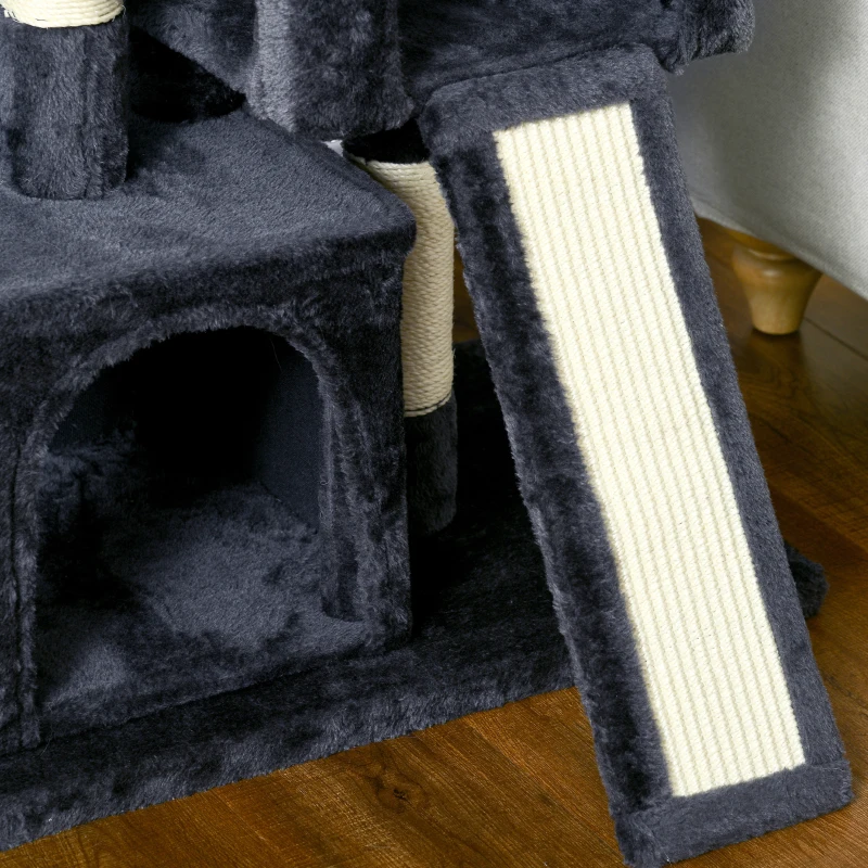 PawHut Albero Tiragraffi per Gatti con Pali in Sisal, Lettino e 2 Casette, 59x39x81cm, Grigio Scuro