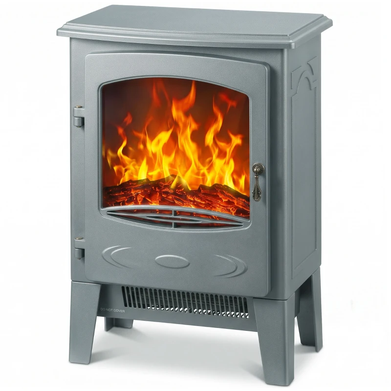 HOMCOM Electric Fireplace, Freestanding Electric Fire with Realistic Flame Effect, Log Burner, 1000W/ 2000W, Grey