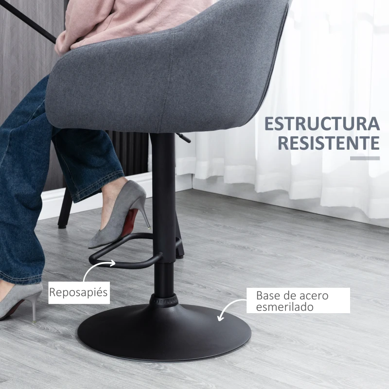 HOMCOM Taburete de Bar Regulable Tapizado de Tela con Reposapiés y Pata de Acero Carga 110 kg 54x54x92-112 cm Gris Oscuro