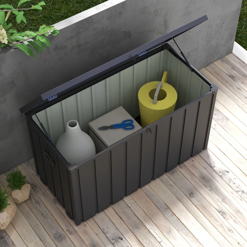 Outsunny Aufbewahrungsbox, Gartentruhe, 450L Stauraum, 2 Räder, Stahlrahmen, 125x61x70 cm, Dunkelgrau