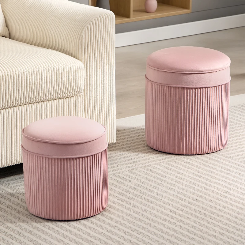 HOMCOM Set 2 Taburete Rotunde Stivuibile și Tapițate, cu Huse din Catifea și Spațiu de Depozitare de 34.8L, Roz