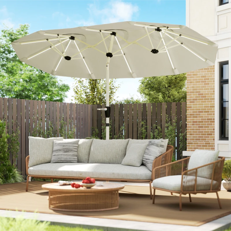 Outsunny 3 m Double-Sided Garden Parasol with LED Solar Lights, Tilt, Outdoor Extra Large Sun Umbrella with Crank Handle, Cream