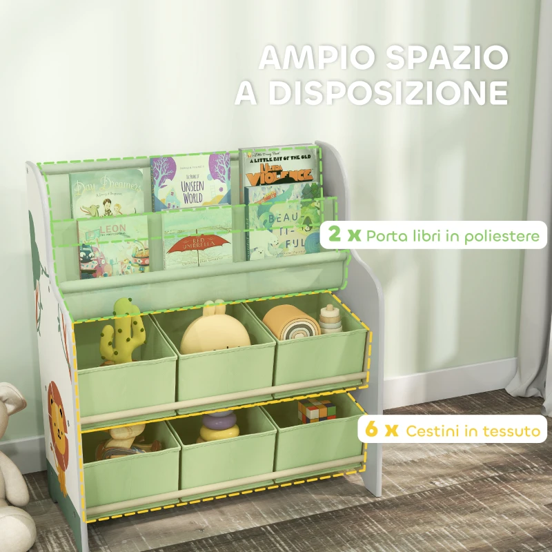 AIYAPLAY Scaffale Portagiochi con 6 Cassetti in Tessuto e Libreria a 2 Livelli, in Legno e Acciaio, 63x30x71 cm, Verde