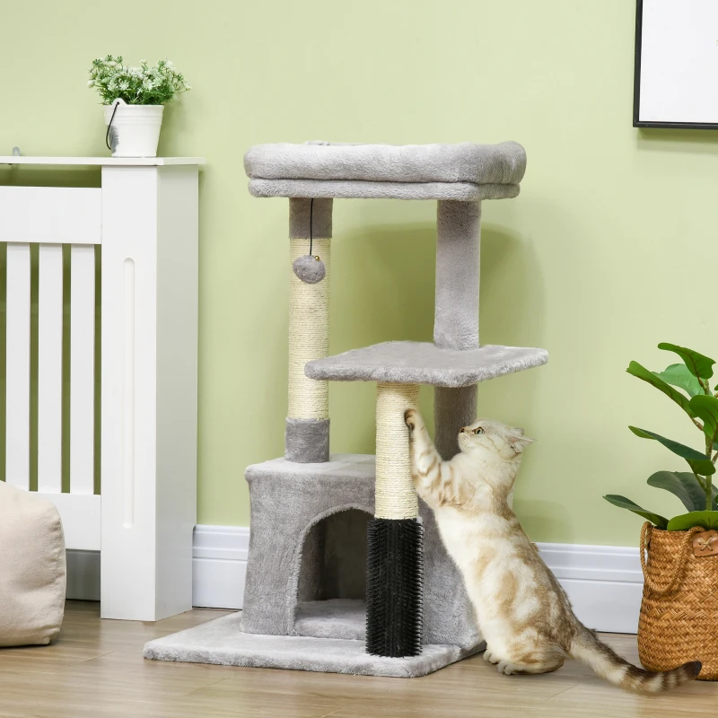PawHut Albero Tiragraffi per Gatti Multilivello con Lettino e Casetta, Rivestimento in Peluche, Grigio
