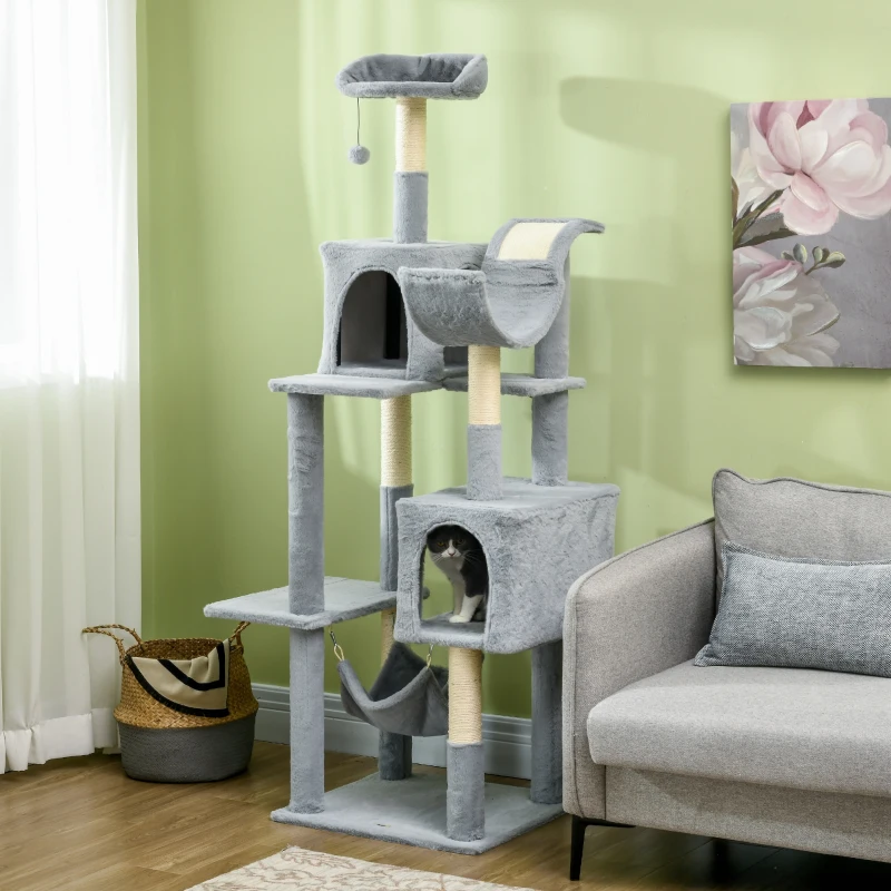PawHut Albero per Gatti con Amaca, Lettino e 2 Casette, in Truciolato e Peluche, 55x49x177 cm, Grigio e Bianco