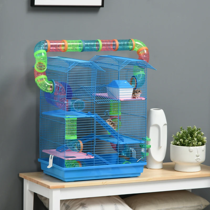 PawHut Gabbia per Criceti e Roditori a 5 Piani, Gabbietta per Criceti con Tubi Colorati, Ruota, Casetta e Accessori Inclusi, 47x30x59 cm, Blu