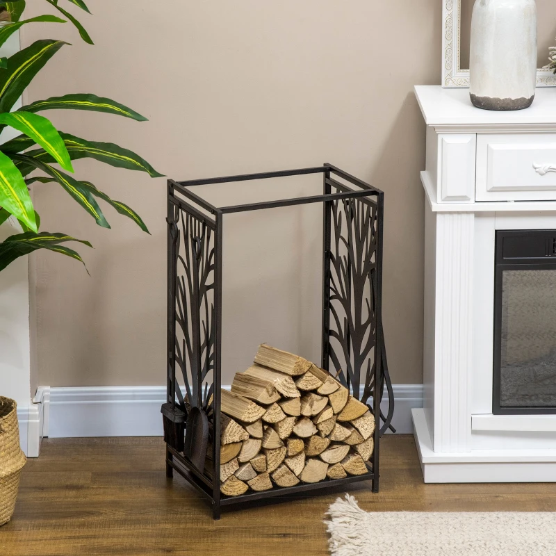 HOMCOM Estante para Leña Estantería de Almacenamiento para Chimenea 46x30x70 cm Soporte para Leña con 4 Herramientas Negro