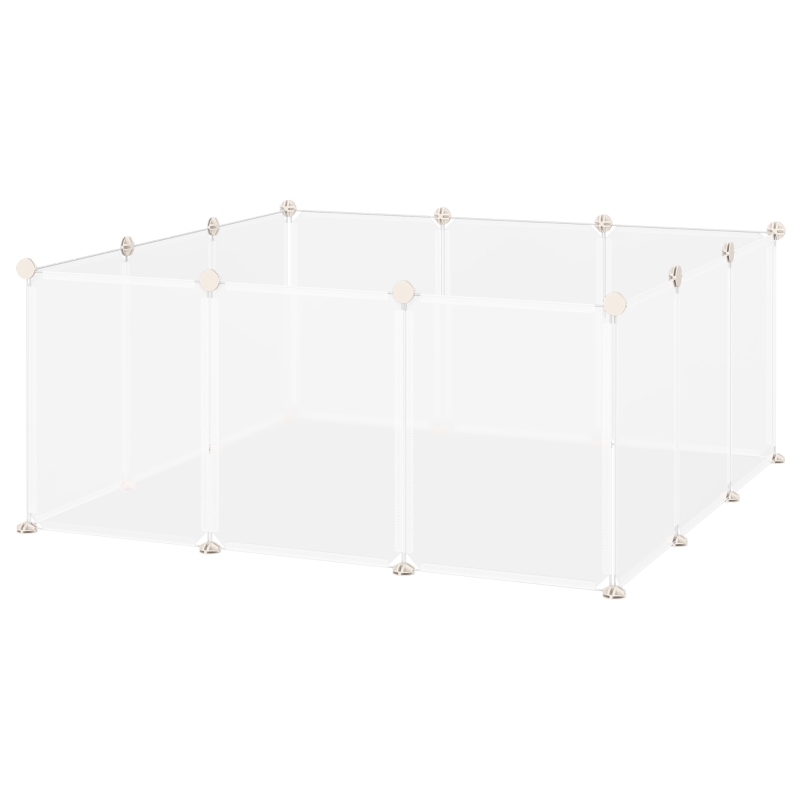 PawHut Valla para Mascotas, Jaula Modular, Recinto Interior de Plástico Transparente con 12 Paneles, 24 Conectores, para Cobayas, 105x105x45 cm, Blanco