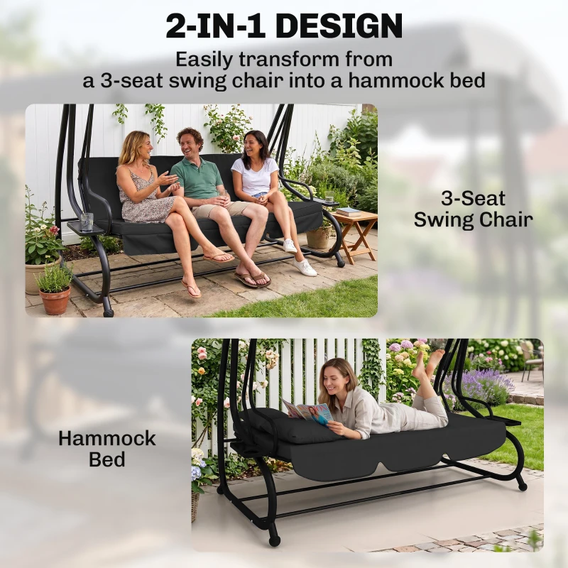 Outsunny Three-Person garden Swing Chair, with Adjustable Canopy - Black