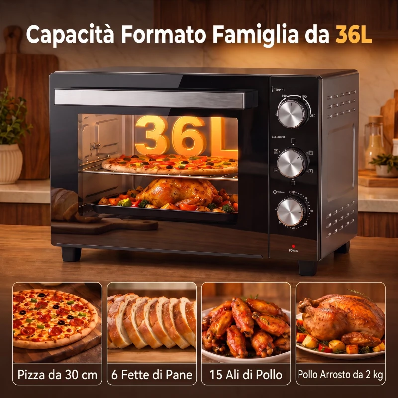 HOMCOM Forno Elettrico 1500W 36L con Temperatura Regolabile Max 230°, Timer 60 min, Griglia, Teglia, Manico per Teglia
