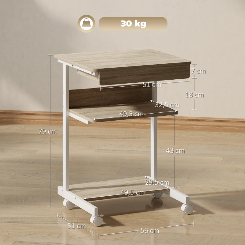 HOMCOM Scrivania PC con Cassetto Scorrevole, 2 Ripiani e 4 Rotelle, in Legno e Metallo, 56x51x79 cm, Bianco e Rovere