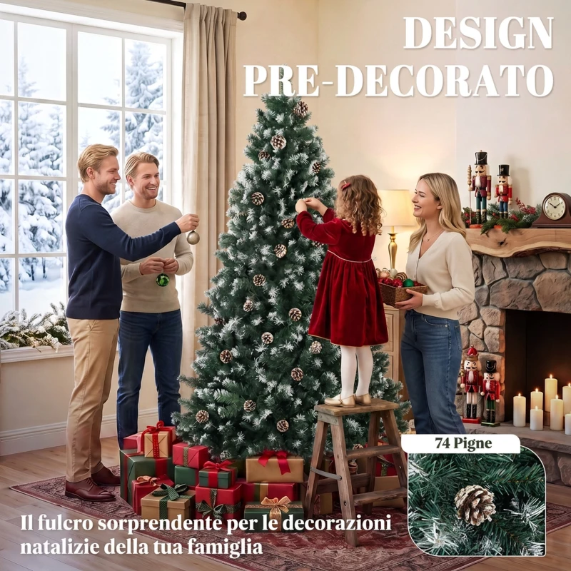 HOMCOM Albero di Natale 210 cm con 998 Rami Innevati e Pigne, Apertura Automatica e Base Pieghevole, Verde