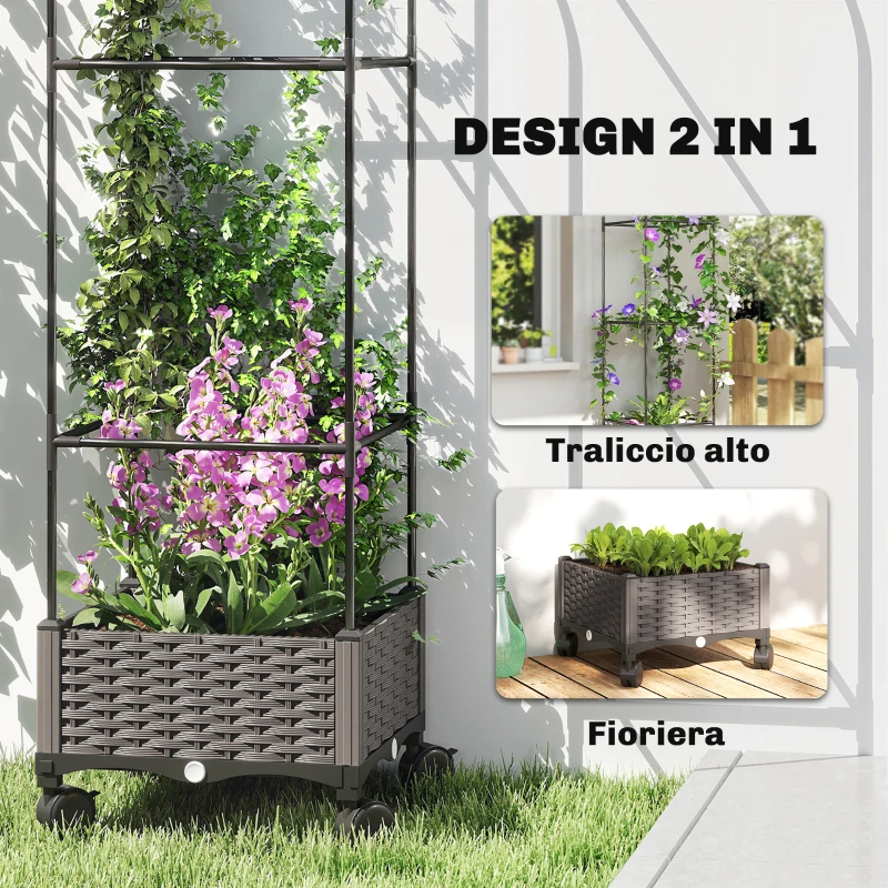 Outsunny Fioriera Rialzata con Traliccio da 185 cm, Fori di Drenaggio e 4 Rotelle, in Metallo Rivestito in PE e PP, Nero