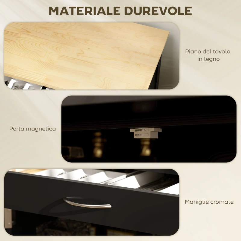 HOMCOM Carrello da Cucina in Legno con Portabottiglie, 3 Ante e Cassetto, 67x37x87 cm, Nero e Rovere