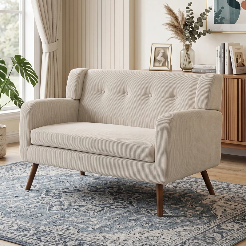 HOMCOM Canapea 2 locuri 118 cm cu aspect corduroy, capitonaj cu nasturi, canapea tapițată modernă și confortabilă cu picioare din lemn pentru spații mici