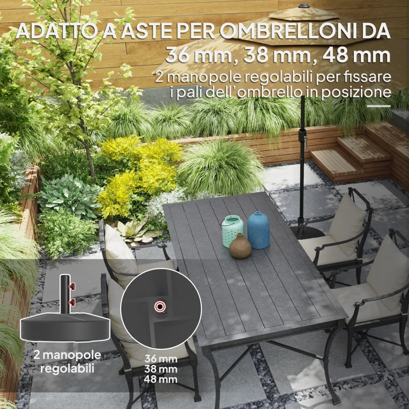 Outsunny Base per Ombrellone Riempibile con Acqua 25kg/Sabbia a 30 kg, per Pali di Ombrelloni da Ø36/38/48 mm, Nero