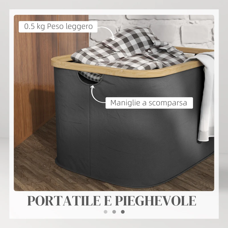 HOMCOM Cesto Portabiancheria da 36L Pieghevole con Maniglie in Bambù e Poliestere, Nero