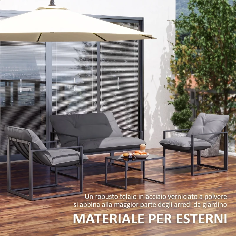 Outsunny Set da Giardino 4 Pezzi con Divanetto, 2 Poltrone e Tavolino, in Acciaio, Poliestere e Cotone PP, Nero e Grigio