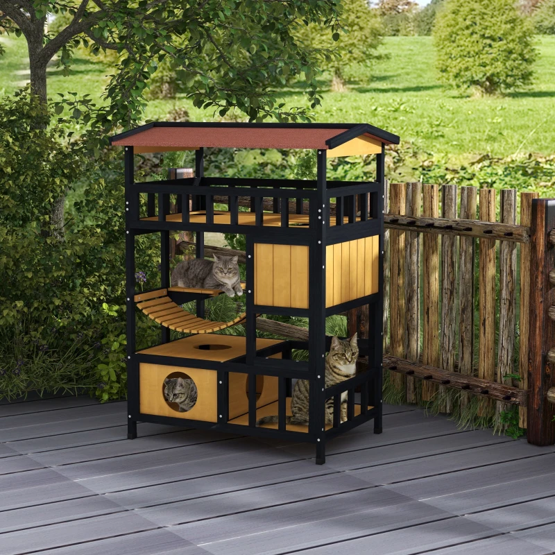 PawHut Casa para Gatos de Madeira 84x60x116 cm Abrigo para Gatos de 4 Níveis para Exterior com Ponte Suspensa Varanda Natural