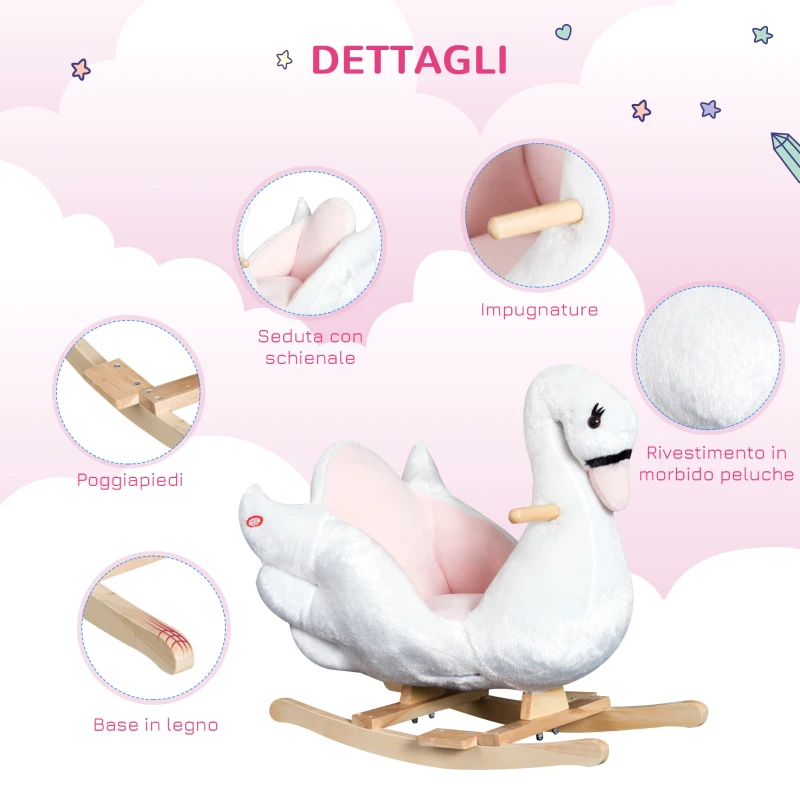 HOMCOM Cavallo a Dondolo a Forma di Cigno con Musica, Cavalluccio a Dondolo con Struttura in Metallo e Legno, Rivestimento Peluche, 60x40x57cm, Bianco