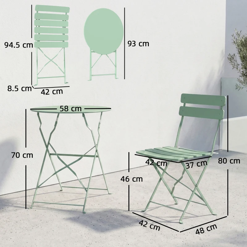 Outsunny Folding Garden Bistro Set, Outdoor Round Bistro Table and Chairs Set 2 with Electrophoresis Metal Frame, Light Green