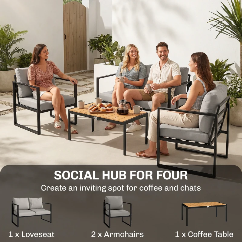 Outsunny Outdoor Garden Furniture Set, 4 Piece Patio Furniture with Slatted Table, Indoor Outdoor Balcony Patio Conservatory Set