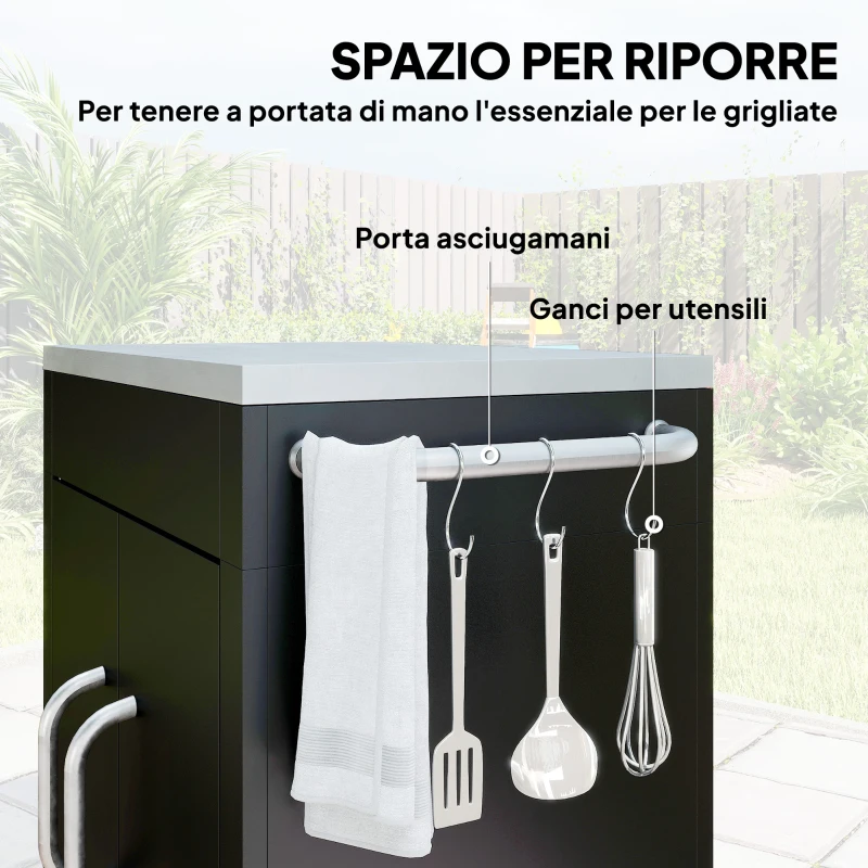 HOMCOM Carrello da Cucina in Acciaio Inox con Armadietto Contenitore e 6 Ganci, 86x50x86.5 cm, Nero