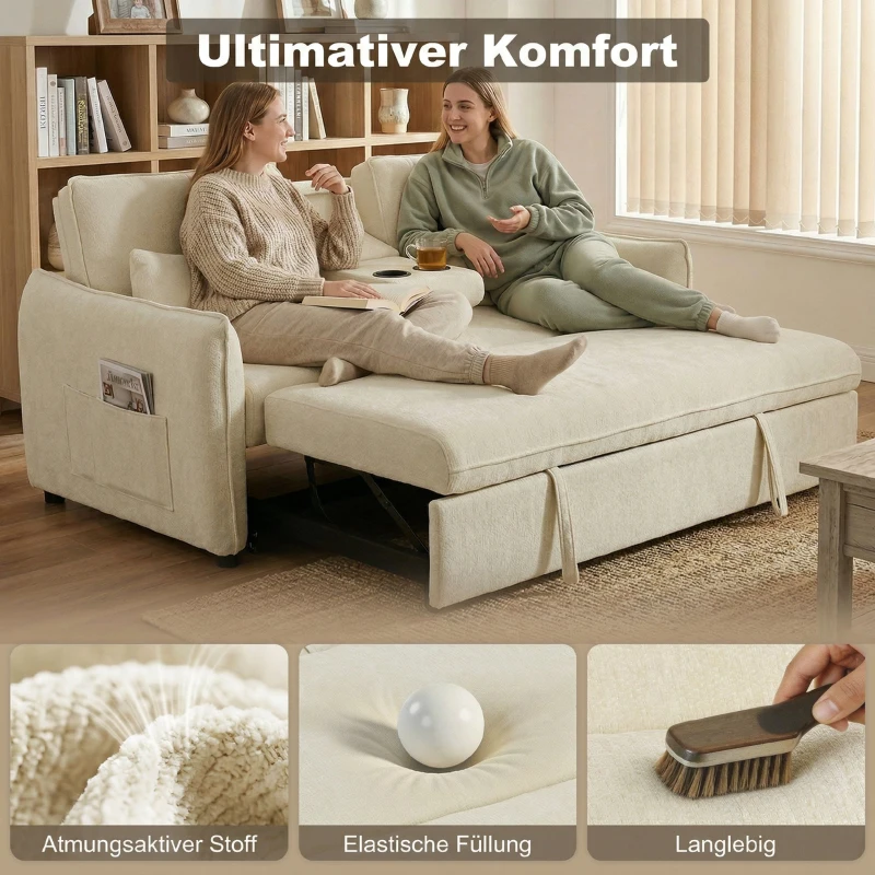 HOMCOM 3-in-1 Verstellbares Schlafsofa, Zweisitzer mit Getränkehaltern, verstellbarer Rückenlehne und Seitentaschen, Beige