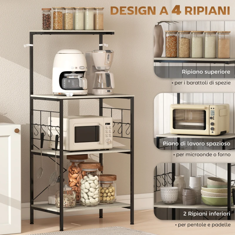 HOMCOM Scaffale Cucina a 4 Livelli con Pannelli a Rete e 8 Ganci Stile Industriale, 60x42x134.5 cm, Rovere