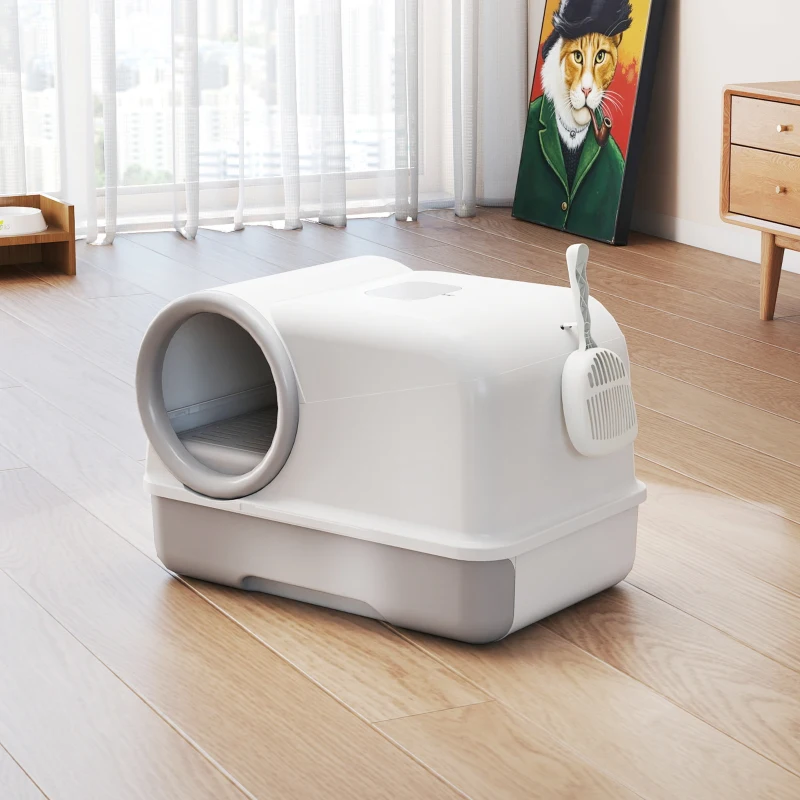 PawHut Bac à litière fermé XL en PP, maison de toilette pour grand chat, avec couvercle et pelle 59 x 39,5 x 39,5 cm gris clair