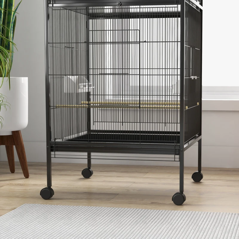 PawHut Voliera per Uccelli a Rotelle con Vassoi Estraibili in Plastica e Posatoi, in Metallo, 71.8x71.8x170.2 cm, Nero