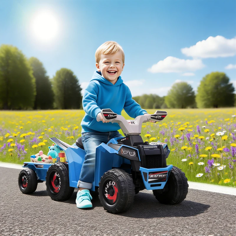 HOMCOM Quadriciclo Elétrico para Crianças com Reboque Bateria 6V de 18-36 Meses com Velocidade 2,5 km/h 106x41,5x48,5 cm Azul