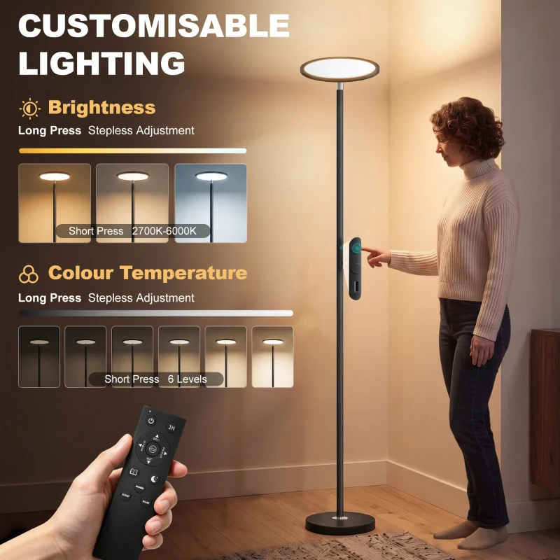 HOMCOM Uplighter Floor Lamp with Tuya App and Music Sync, Standing Lamp with Adjustable Head for Living Room Bedroom, Black